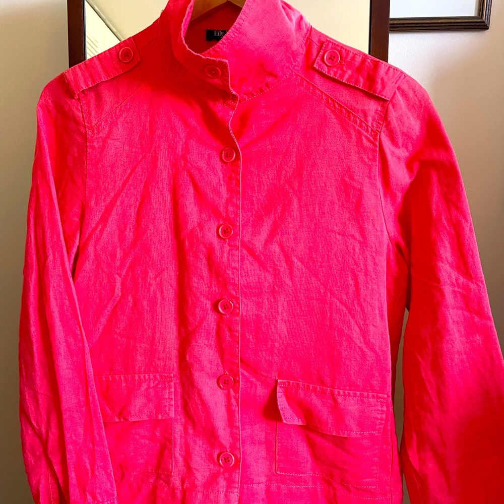 Lily Moss orange jacket with epaulets and two front pockets.